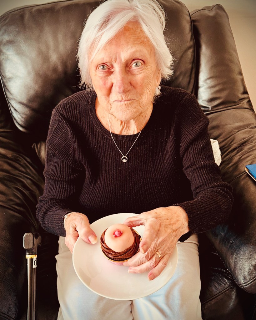 Old people are perverts too. Boobie cupcake for our oldest customer, age 97
